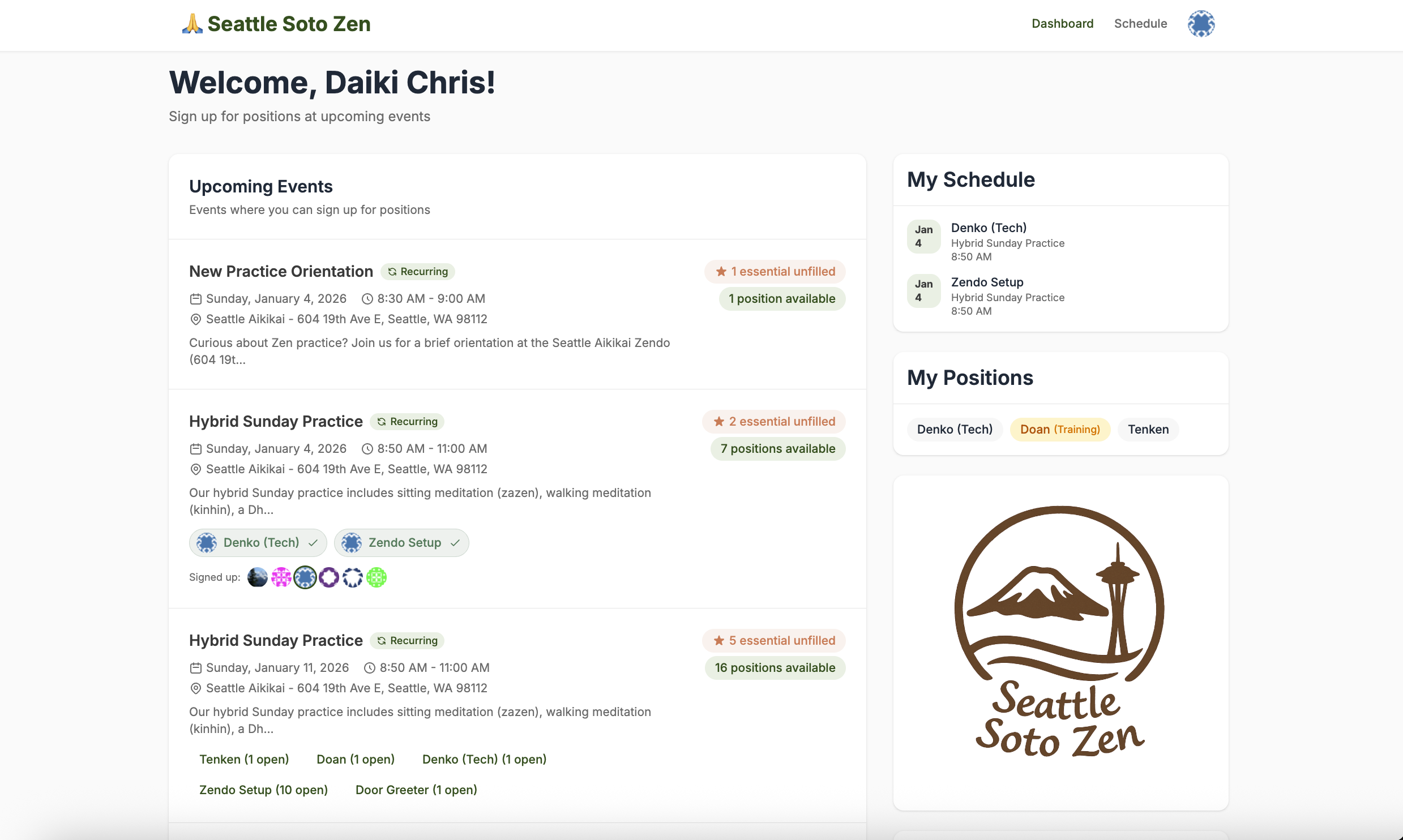 ZenServe Dashboard - See upcoming events, sign up for positions, and manage your schedule